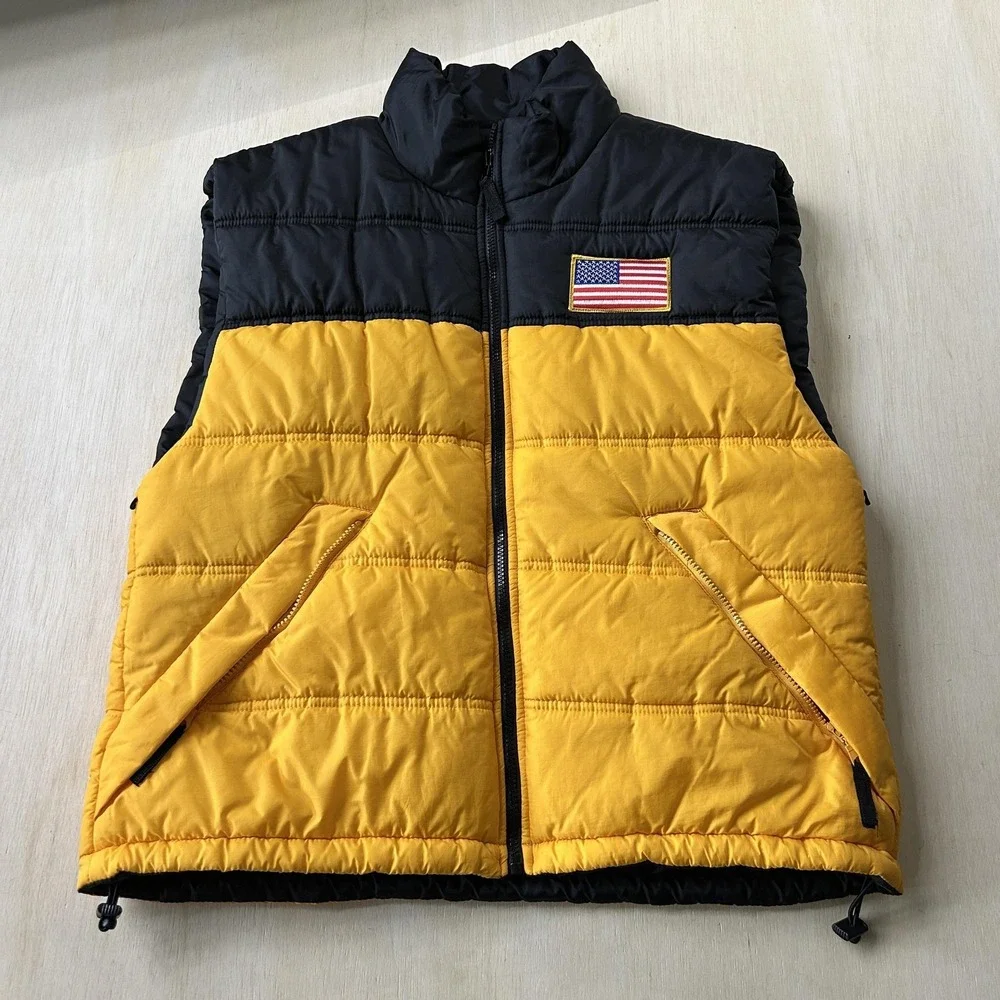 Starter Vest Mens XL Yellow Puffer Insulated USA Flag VFW Zip Pockets Lined
